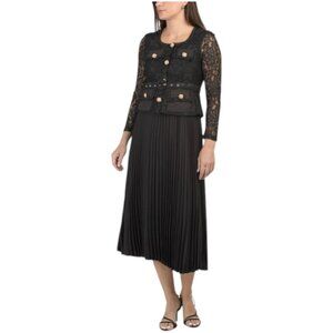DALIA MACPHEE Long Sleeve Lace Dress With Pleated Skirt